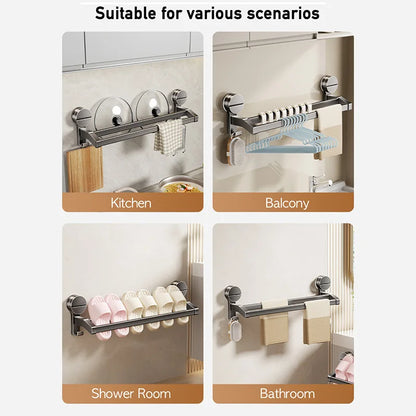 Bathroom Towel Holder without Drilling Hole Suction Cup Wall Mount Two Bar Hand Towel Rack Kitchen Shower Bath Room Towel Shelf