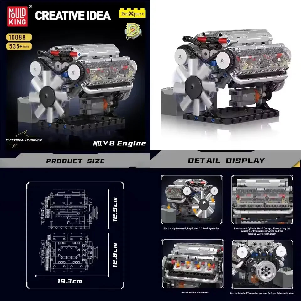 Mould King LSX454 V8 V12 W12 Engine Motorized Simulation Model Electrically Drive Building Blocks Technical Car Parts Toys Gift