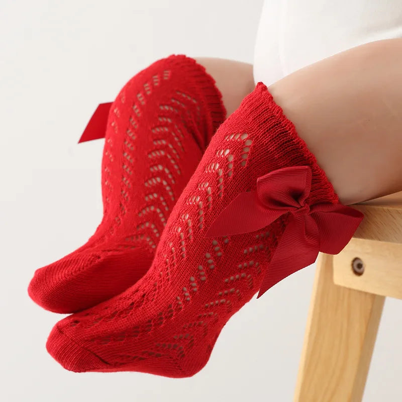 Summer Baby Girls Socks Toddlers Bow Long Sock Kids Knee High Soft Cotton Mesh Spanish Children Breathable Socks For 0-5Years