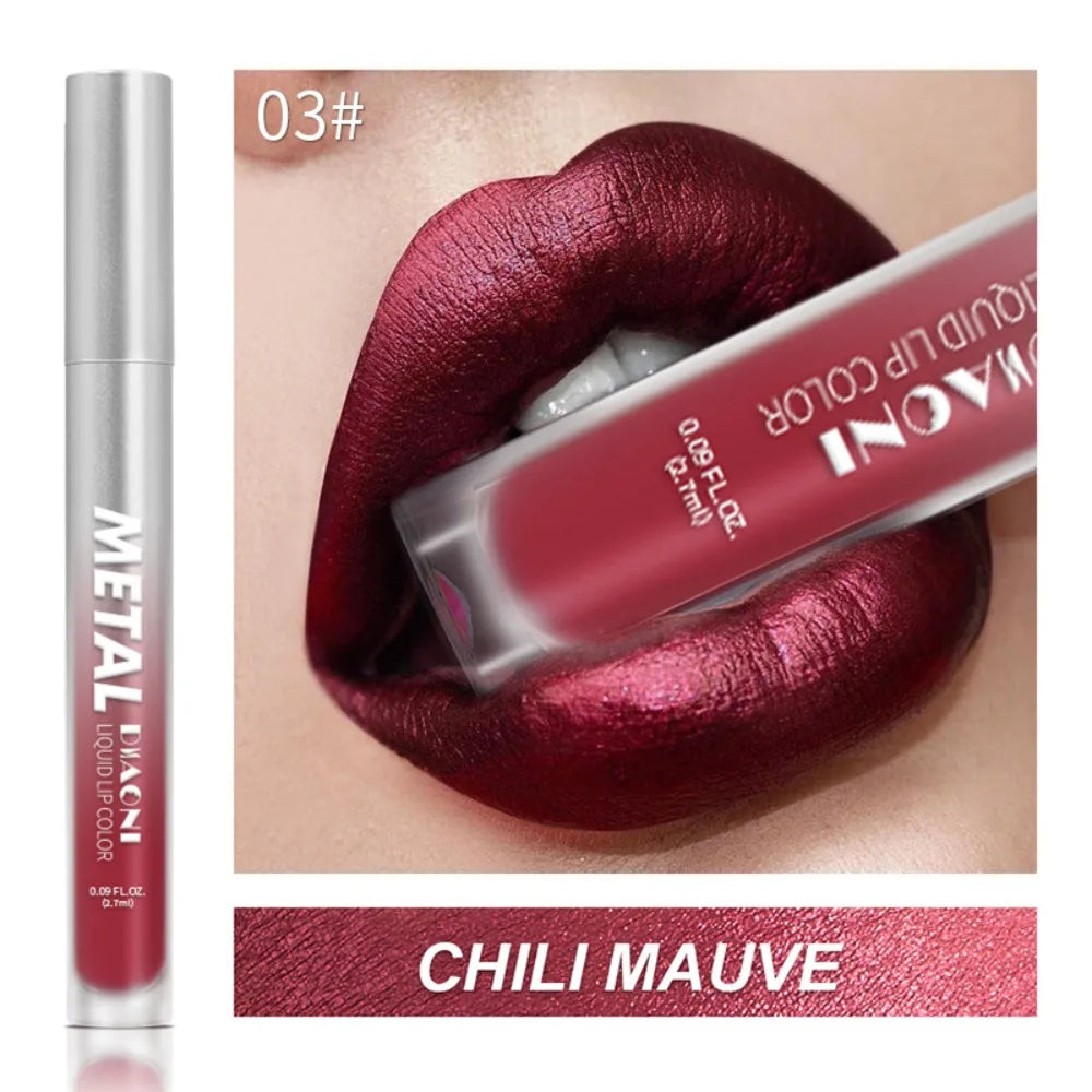12 Color Diamond Metallic Shine Liquid Lipstick Pearlescent Waterproof Glitter Lip Gloss Smudge Proof Glamorous Lip Makeup