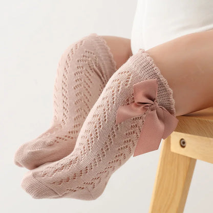 Summer Baby Girls Socks Toddlers Bow Long Sock Kids Knee High Soft Cotton Mesh Spanish Children Breathable Socks For 0-5Years