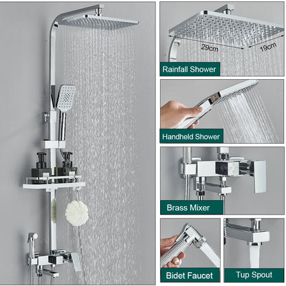 Shower Faucet Set Rainfall 3/4-ways Bathtub Tap With Bathroom Shelf Height Adjust Brass Mixer Crane Hot Cold Water Systems