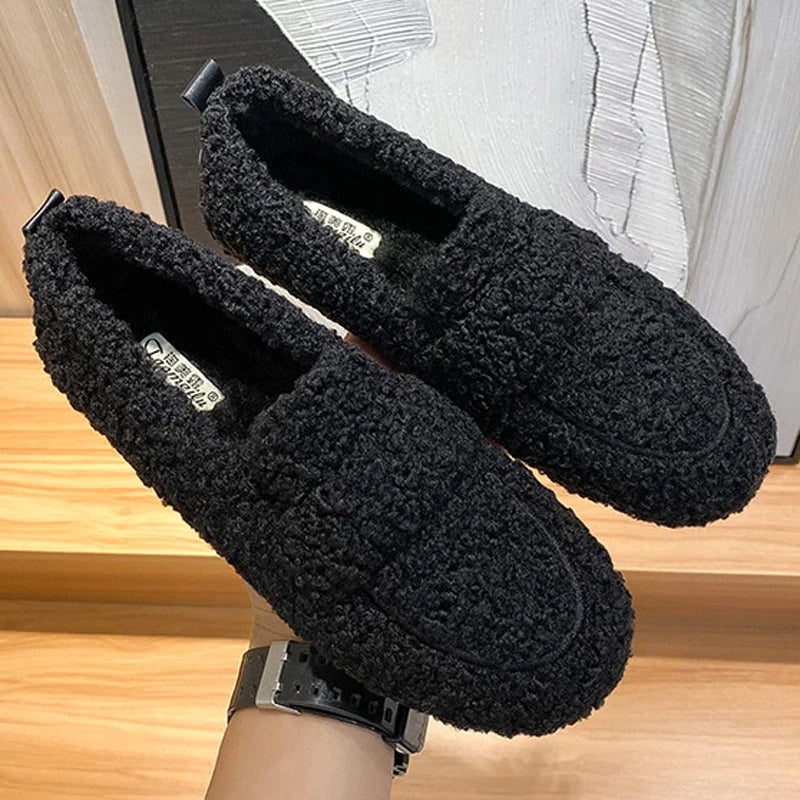 Plus Size Women Shearling Flats Furry Lambswool Mocasines Mujer Warm Cotton Shoes Ladies Slip On Sheep Fur Lined Loafers Winter