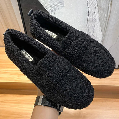 Plus Size Women Shearling Flats Furry Lambswool Mocasines Mujer Warm Cotton Shoes Ladies Slip On Sheep Fur Lined Loafers Winter
