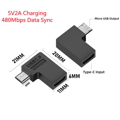 USB 2.0 Type-C Female To Micro-USB Male 90 Degree Left/Right Angle U Shape 5V2A Charging Connector for Android Phone Tablets