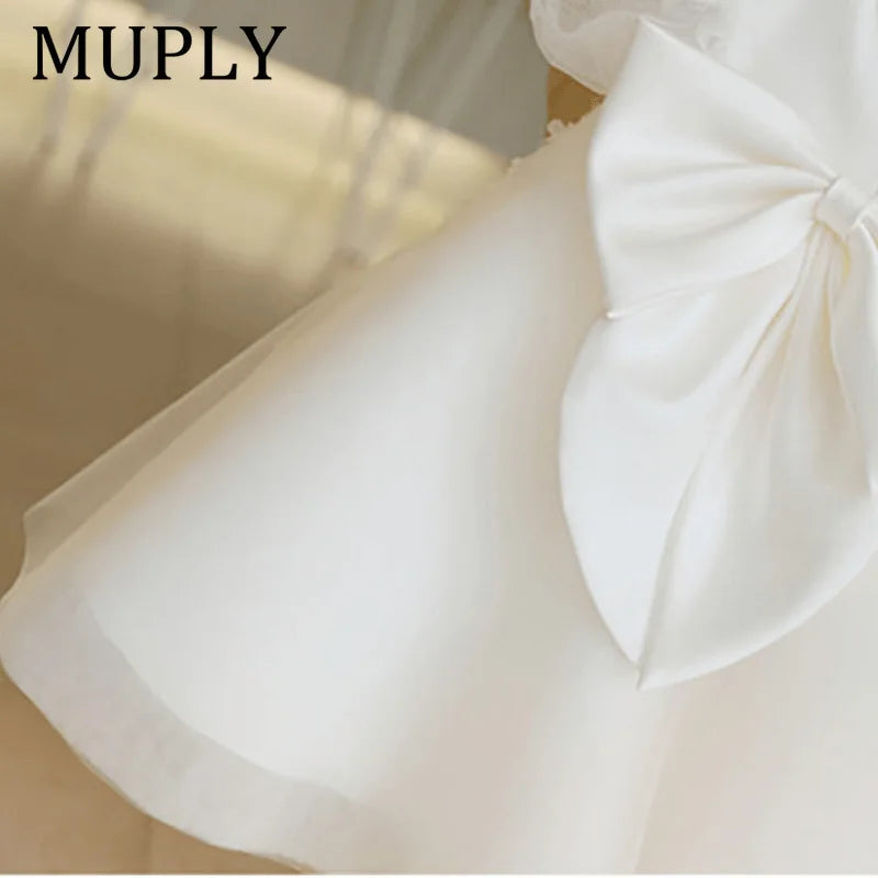Princess Flower Girl Dress For Wedding White Tulle Applique Puffy With Bow Cute Kids Baby Pageant Birthday Party Dress Ball Gown